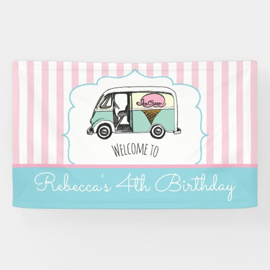 ピンクストライプアイスクリームトラック誕生日バナー 横断幕 (横)