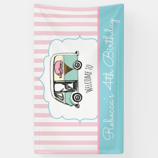 ピンクストライプアイスクリームトラック誕生日バナー 横断幕 (縦)