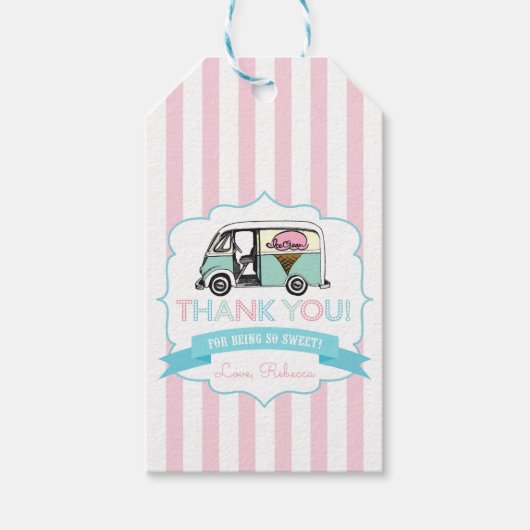 ピンクストライプアイスクリームトラック誕生日メッセージカード ギフトタグ (正面)