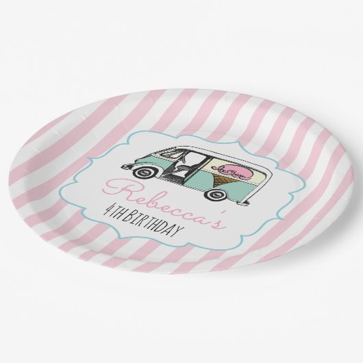 ピンクストライプアイスクリームトラック誕生日紙プレート ペーパープレート (アングル)