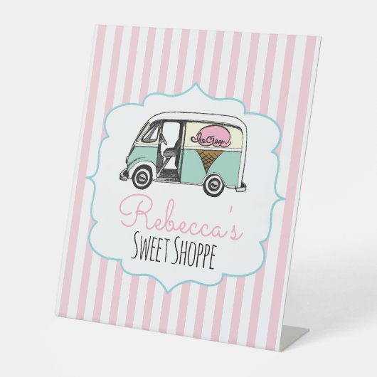 ピンクストライプアイスクリーム誕生日標識 台座サイン (正面)
