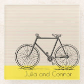 ピンクストライプイエローパーソナライズされた自転車 ガラスコースター (正面)