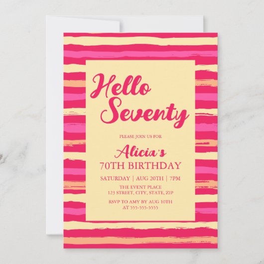 ピンクストライプカラフル誕生日ハローセブンティガール 招待状 (正面)