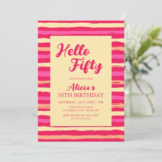 ピンクストライプカラフル誕生日ハローフィフティ 招待状 (スタンド正面)