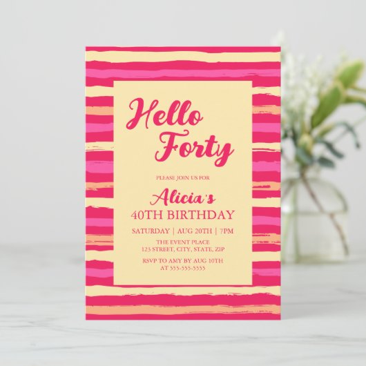 ピンクストライプカラフル誕生日ハローフォーティ 招待状 (スタンド正面)