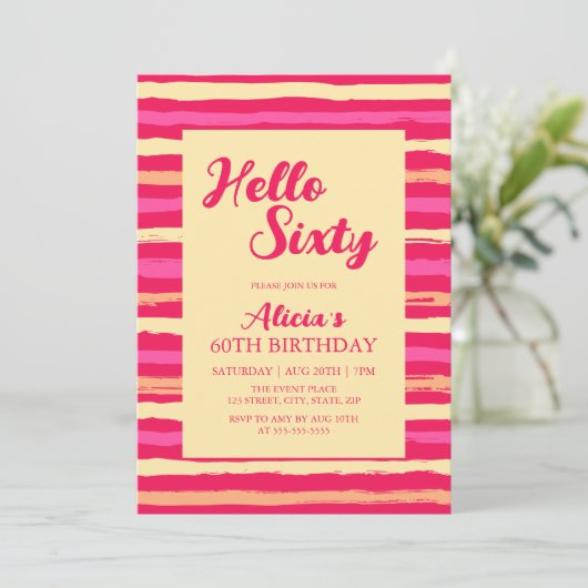 ピンクストライプカラフル誕生日Hello60ガーリー 招待状 (スタンド正面)