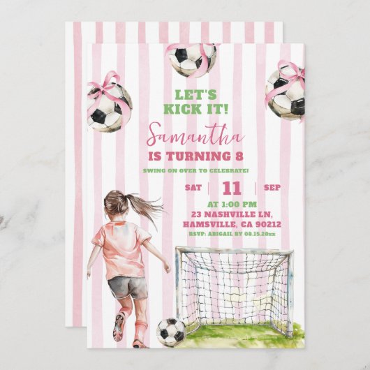 ピンクストライプガールサッカーでキックしよう誕生日 招待状 (正面/裏面)