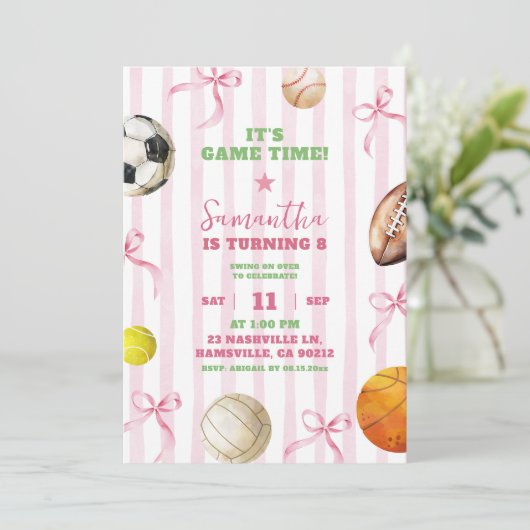 ピンクストライプガールボーガールスポーツゲームタイム誕生日 招待状 (スタンド正面)