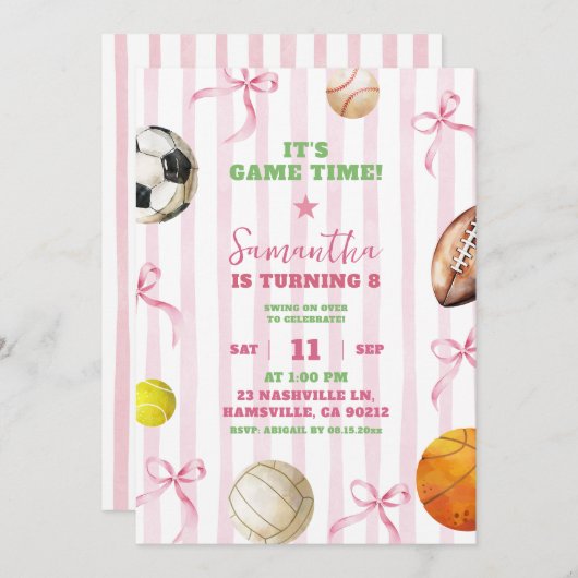 ピンクストライプガールボーガールスポーツゲームタイム誕生日 招待状 (正面/裏面)