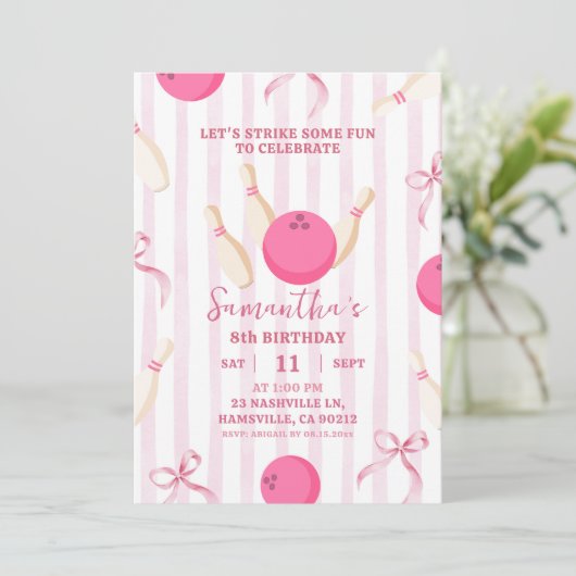 ピンクストライプガールボーガールボーリングゲームタイム誕生日 招待状 (スタンド正面)