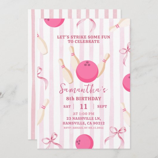 ピンクストライプガールボーガールボーリングゲームタイム誕生日 招待状 (正面/裏面)