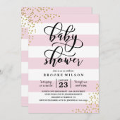 ピンクストライプグリッタードットベビーシャワー招待状 招待状 (正面/裏面)