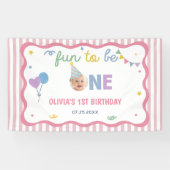ピンクストライプスのファン・トゥー・ワン 1歳の誕生日 横断幕 (横)