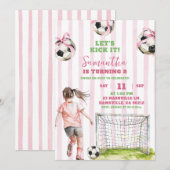ピンクストライプスの女の子サッカー Let's Kick It 誕生日 招待状 (正面/裏面)