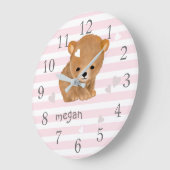 ピンクストライプズブラウンベア子供部屋デコールウォールクロック ラージ壁時計 (傾斜)