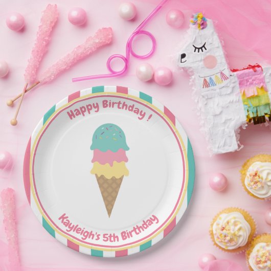 ピンクストライプティール（緑がかった色）アイスクリームキッドパーティー ペーパープレート (パーティー)