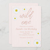 ピンクストライプデイジー1歳の誕生日パーティーワイルドワン 招待状 (正面/裏面)