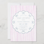 ピンクストライプハートブルーヴィンテージ赤ちゃんシャワー 招待状 (正面)