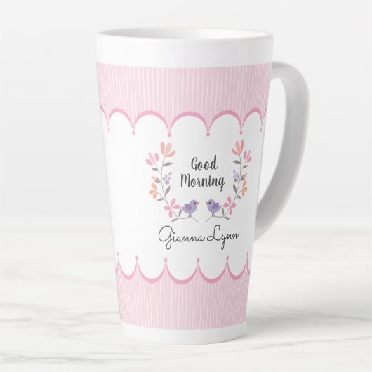 ピンクストライプパーソナライズされたフローラ母の日 カフェラテマグ (右アングル)