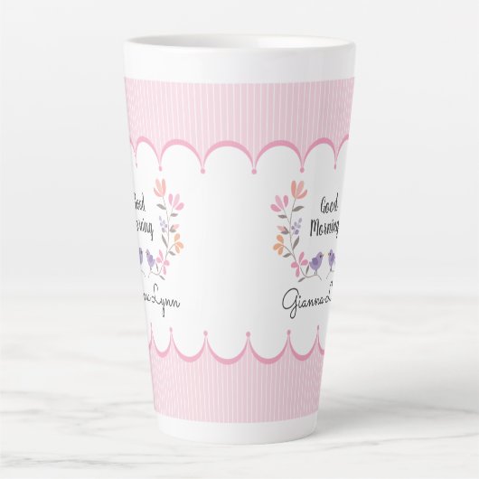 ピンクストライプパーソナライズされたフローラ母の日 カフェラテマグ (正面)