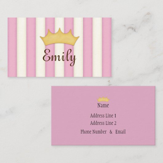 ピンクストライプパーソナライズされたプリンセス通話カード 名刺 (正面/裏面)