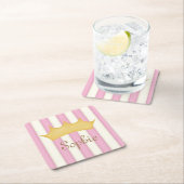 ピンクストライプパーソナライズされた名プリンセスクラウン スクエアペーパーコースター (インサイチュ)