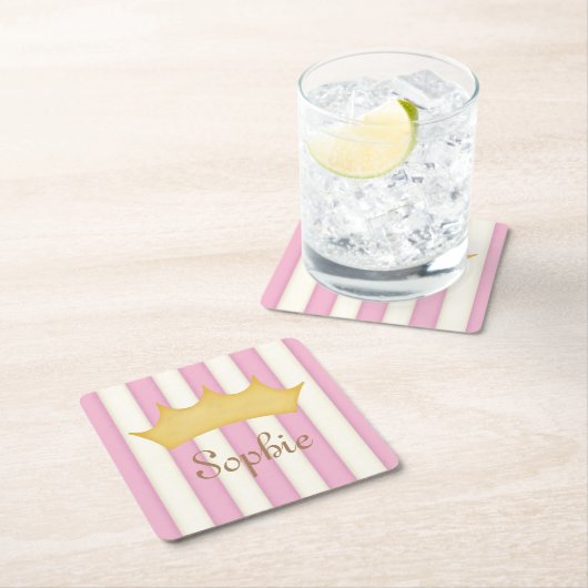 ピンクストライプパーソナライズされた名プリンセスクラウン スクエアペーパーコースター (インサイチュ)