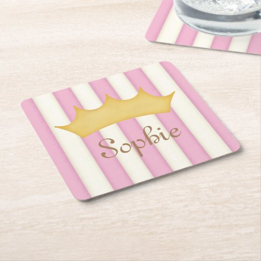 ピンクストライプパーソナライズされた名プリンセスクラウン スクエアペーパーコースター (アングル)