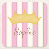 ピンクストライプパーソナライズされた名プリンセスクラウン スクエアペーパーコースター (正面)