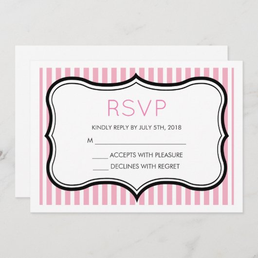 ピンクストライプファンシー色の飾り枠RSVP 招待状 (正面/裏面)