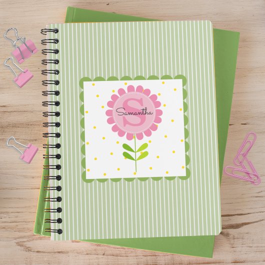 ピンクストライプフローラと水玉模様モノグラムの ノートブック