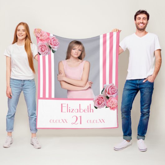 ピンクストライプフローラの写真名21歳 フリースブランケット (インサイチュ)