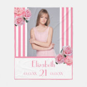 ピンクストライプフローラの写真名21歳 フリースブランケット (正面)