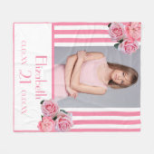 ピンクストライプフローラの写真名21歳 フリースブランケット (正面(横))