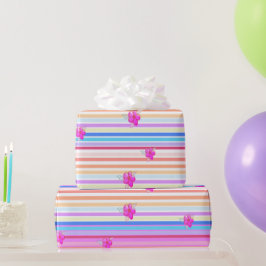 ピンクストライプフローラ紙ギフトラップ付き ラッピングペーパー