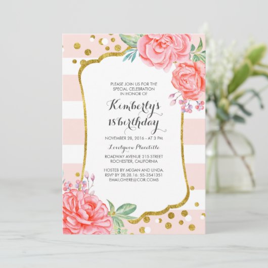 ピンクストライプフローラ金ゴールド紙吹雪誕生日パーティー 招待状 (スタンド正面)