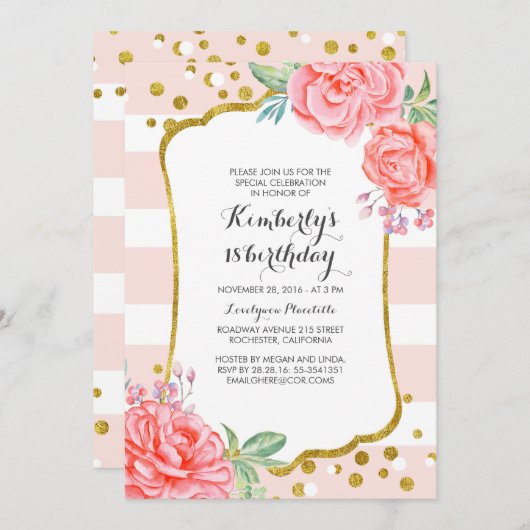 ピンクストライプフローラ金ゴールド紙吹雪誕生日パーティー 招待状 (正面/裏面)