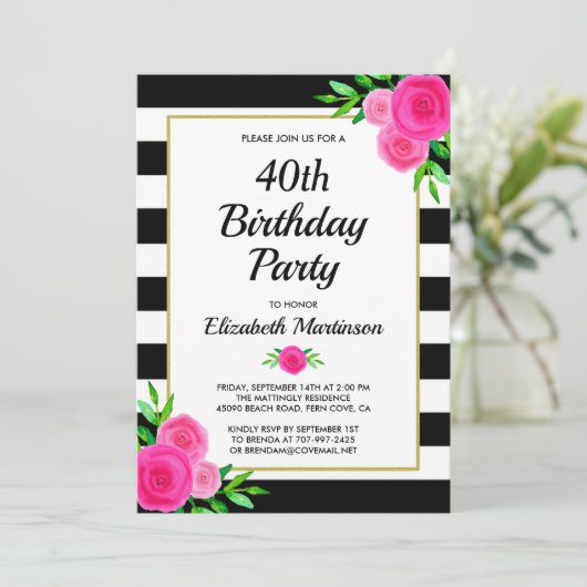 ピンクストライプフローラ40歳パーティの招待状 招待状 (スタンド正面)