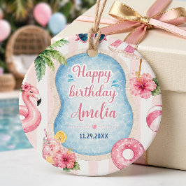 ピンクストライププールパーティーガール誕生日ギッズタグ フェイバータグ