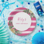 ピンクストライプレモンシトラスの誕生日パーティー ペーパープレート (パーティー)