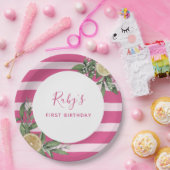 ピンクストライプレモンシトラスの誕生日パーティー ペーパープレート (パーティー)