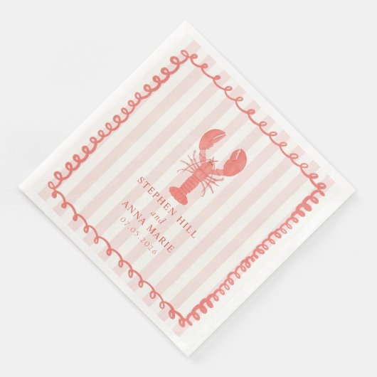 ピンクストライプロブスター航海のス結婚ナプキン (コーナー)