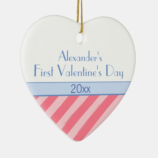 ピンクストライプ男の赤ちゃんフォトバレンタインデー セラミックオーナメント (右)