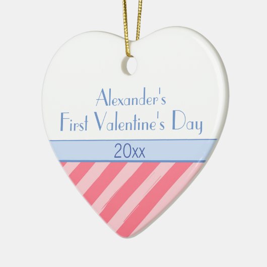 ピンクストライプ男の赤ちゃんフォトバレンタインデー セラミックオーナメント (左)