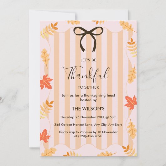 ピンクストライプ紅葉感謝祭ディナー 招待状 (正面)