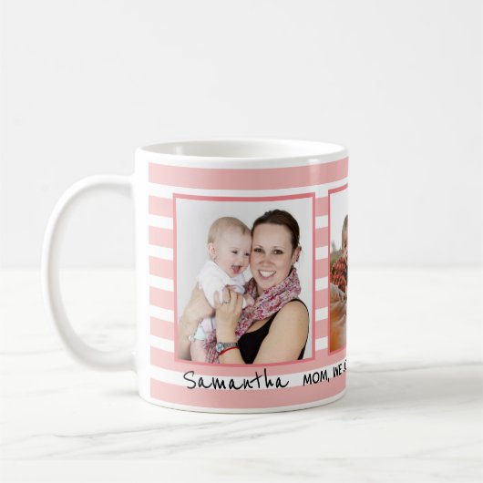 ピンクストライプ色のアイテム3フォトコラージュ母の日のプレゼント コーヒーマグカップ (左)