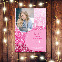 ピンクストライプ色のアーチフォトフローラ誕生日 招待状
