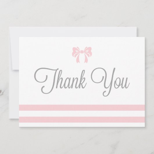 ピンクストライプ色のサンキューカード(Bow Baby Shower) サンキューカード (正面)