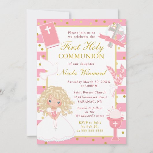 ピンクストライプ色のブロンド髪の女の子ファースト聖餐式 招待状 (正面)