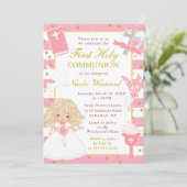ピンクストライプ色のブロンド髪の女の子ファースト聖餐式 招待状 (スタンド正面)